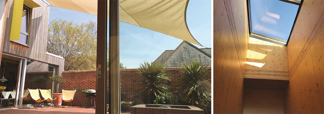 Summer comfort is managed by a design which includes a fabric sail, and purge ventilation via roof windows which open and close automatically based on temperature and rain sensors.