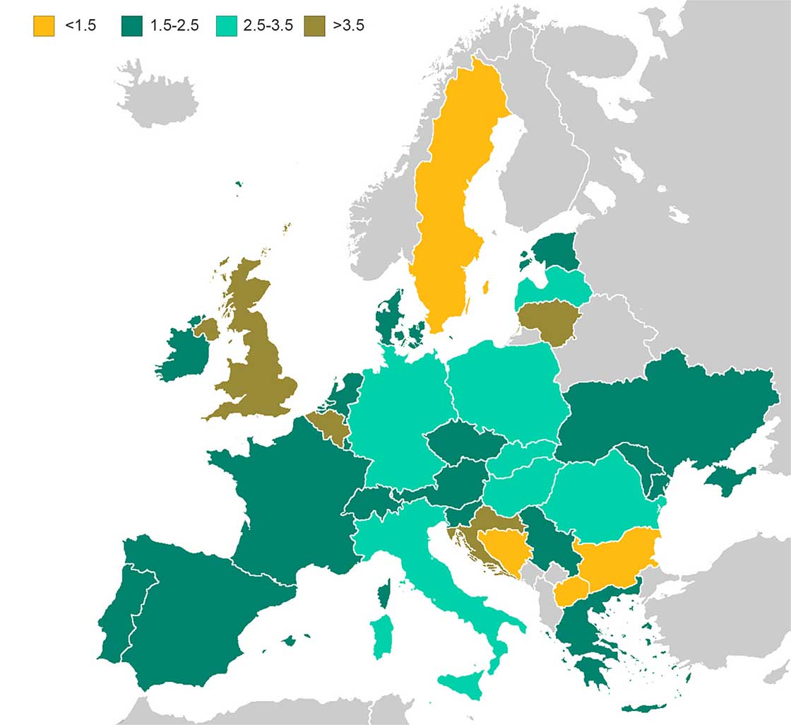 European electricity to gas price ratio. Source: Eurostat, using prices from first half of 2023. Credit: Rex Colley, adapted from EHPA.