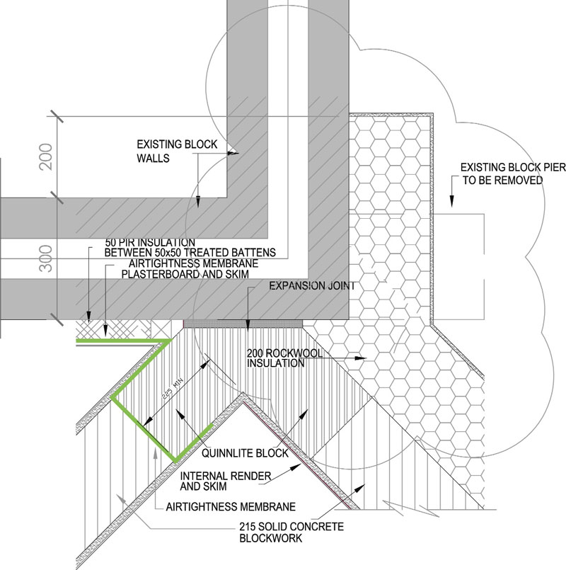Details and thermal analysis of the new build connection to existing cavity wall with external insulation overlapping to prevent cold bridging Certified Passive 7