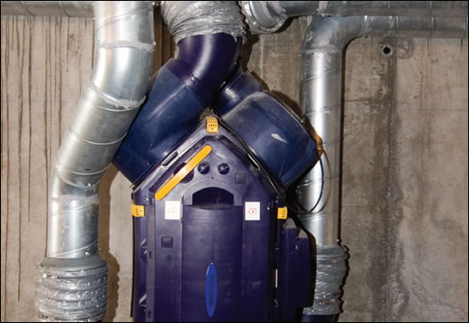 Boasting an efficiency rating of 90%, low noise motors and automatic controls, the Vent Axia Air Minder heat recovery ventilation system includes a 'night-time set-back' feature which allows the unit to be 'set-back' to a very low speed to facilitate energy savings