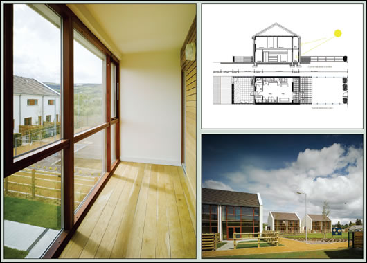 (Clockwise from top right) a plan and elevation of a house at Baile Glas; note the compact form and sout-facing aspect; the winter gardens which act as a buffer to the south (Clockwise from top right) a plan and elevation of a house at Baile Glas; note the compact form and sout-facing aspect; the winter gardens which act as a buffer to the south