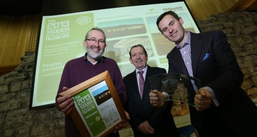 Isover's Brian Dolan (centre) with award winners Zeno Winkens (left) and Archie O'Donnell of Integrated Energy (right)